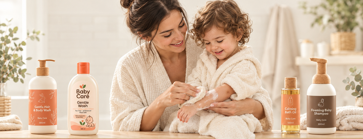 Baby Bath & Wash banner with centered parent and child and product display