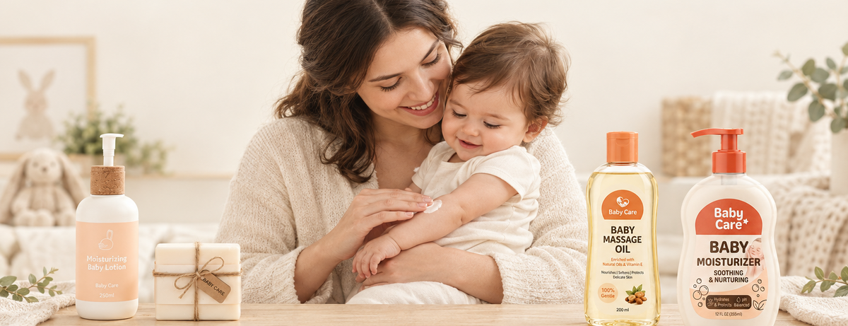 Baby Skin Concerns banner with centered parent and baby and product displays