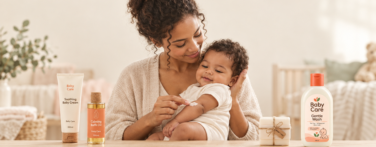 Baby Uneven Skin Tone banner with centered parent and baby and product displays