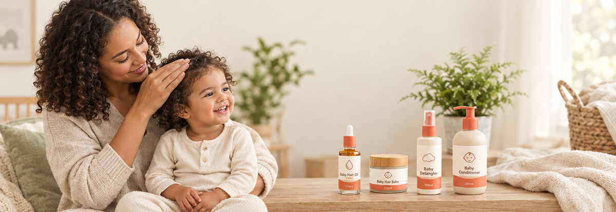 Baby Haircare banner with product lineup and parent applying hair oil