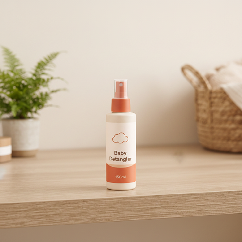 Baby Detangler 150ml white spray bottle with terracotta orange nozzle and cloud icon on wooden shelf