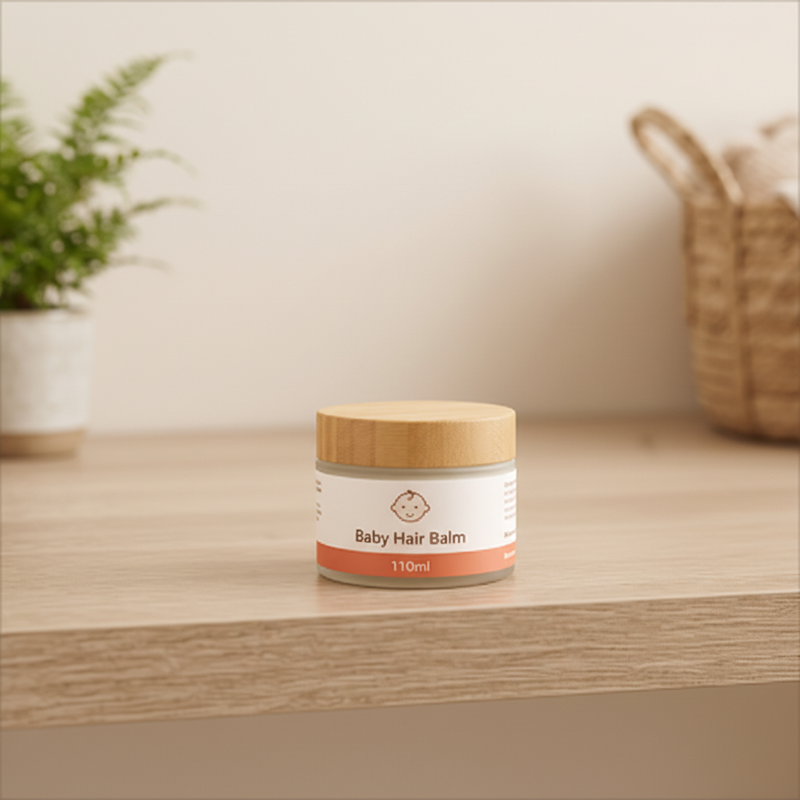 Baby Hair Balm 110ml wide-mouth glass jar with bamboo wooden lid and terracotta orange label on wooden shelf