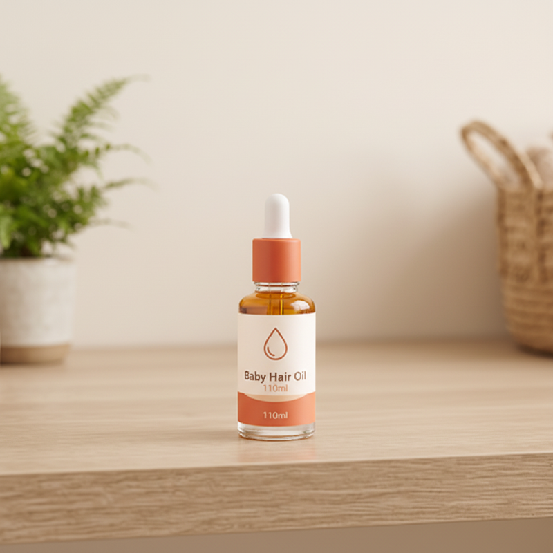 Baby Hair Oil 110ml clear amber glass dropper bottle with terracotta orange cap on wooden shelf