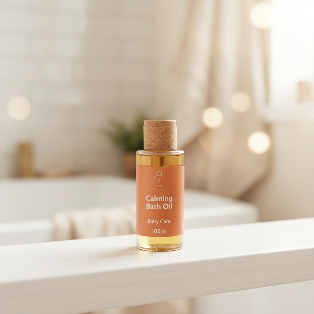 Calming Bath Oil 100ml amber glass bottle with cork cap and terracotta label