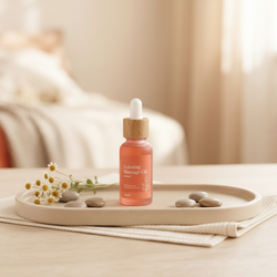 Calming Massage Oil 30ml frosted pink glass dropper bottle with bamboo cap on beige ceramic tray with chamomile flowers and pebbles