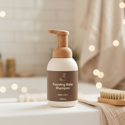 Foaming Baby Shampoo 300ml pump bottle with dark brown label and cork pump