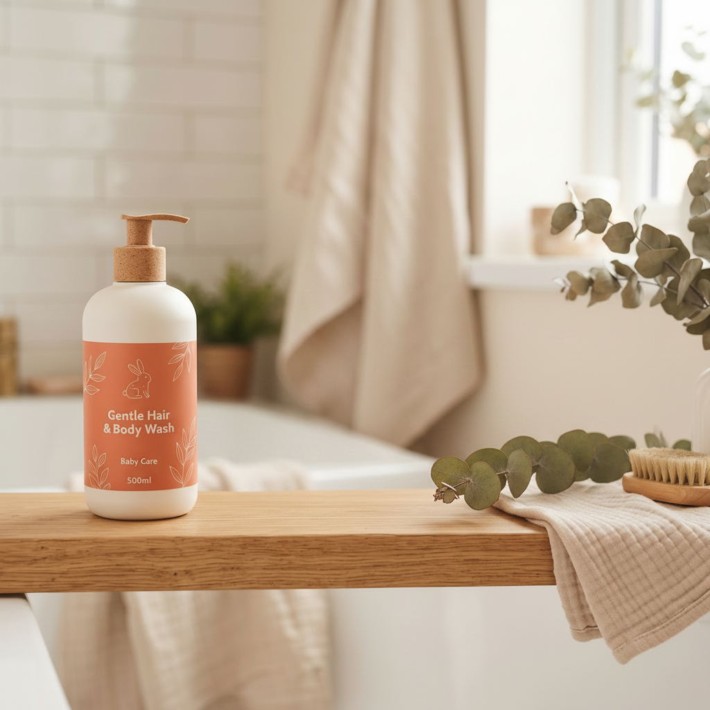 Gentle Hair and Body Wash 500ml baby care pump bottle on wooden bath tray
