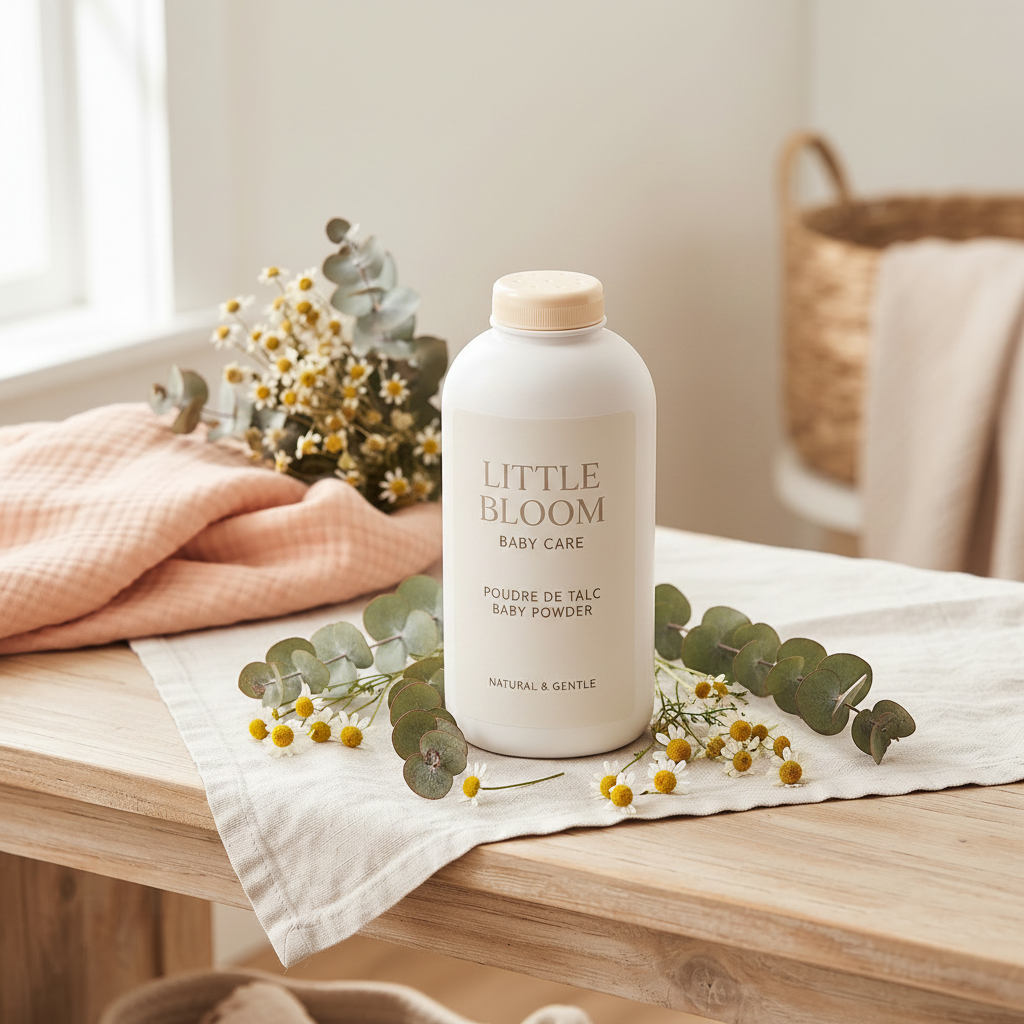 Little Bloom Baby Care Poudre de Talc Baby Powder large white bottle with cream cap on linen cloth with chamomile and eucalyptus