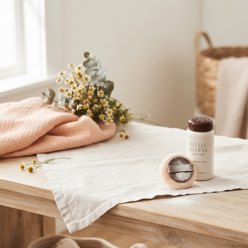 Little Bloom Baby Care powder puff applicator with shaker bottle on linen cloth with chamomile flowers