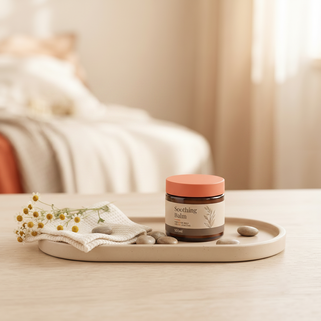 Soothing Balm 100ml dark amber glass jar with terracotta peach lid and botanical illustration on beige ceramic tray with chamomile flowers