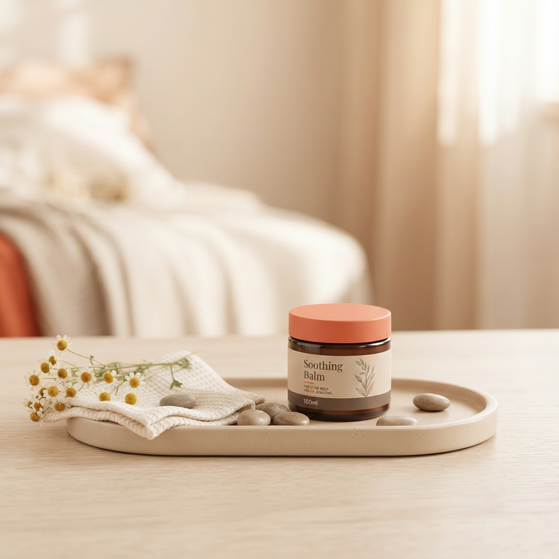 Soothing Balm 100ml dark amber glass jar with terracotta peach lid and botanical illustration on beige ceramic tray with chamomile flowers